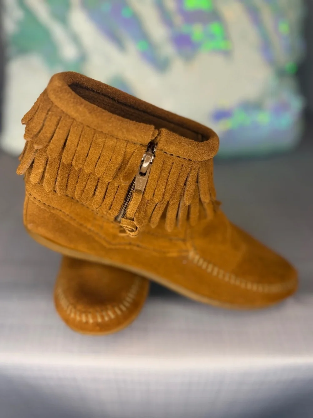 Minnetonka Tan Double Fringe Side Zip Boot (Girls Size 3)
